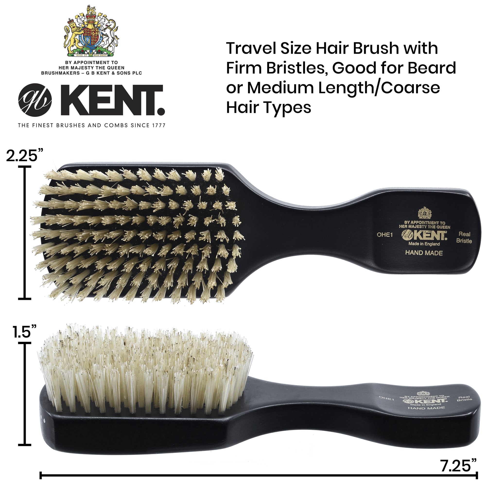 Kent OHE1 Mens Ebony Wood Wire-Laid White Boar Bristle Club Hair Brush