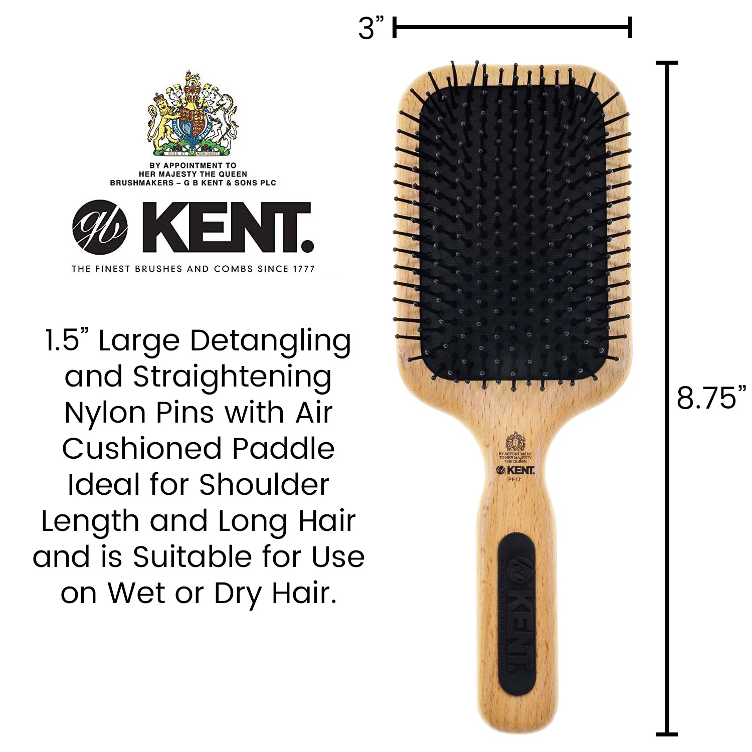 Kent PF17 Air Hedz Large Paddle Mega-Phine Quilled Taming Hair Brush