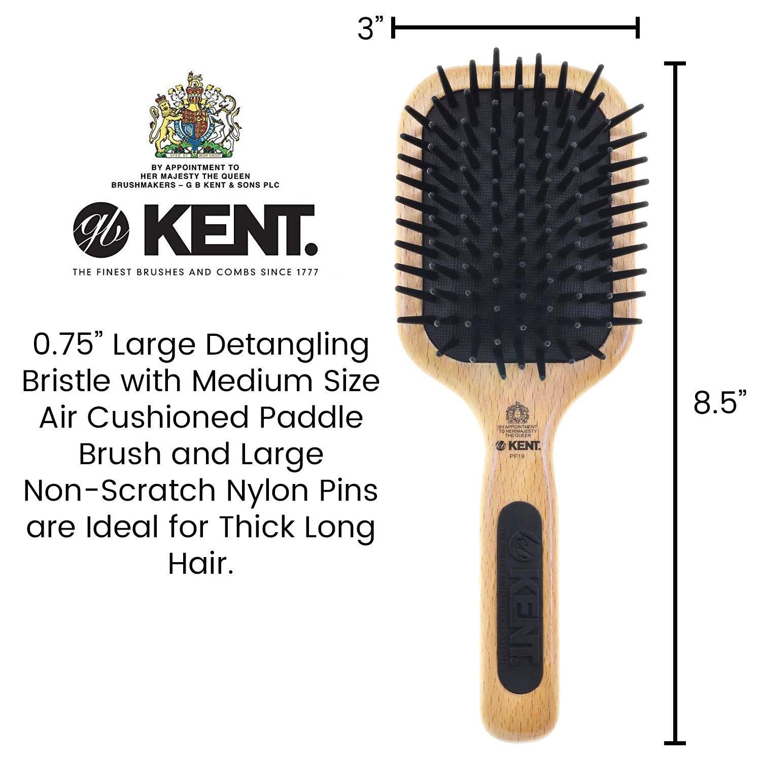 Kent PF18 Natural Beechwood Fine Ball-Tipped Pin Cushion Paddle Brush