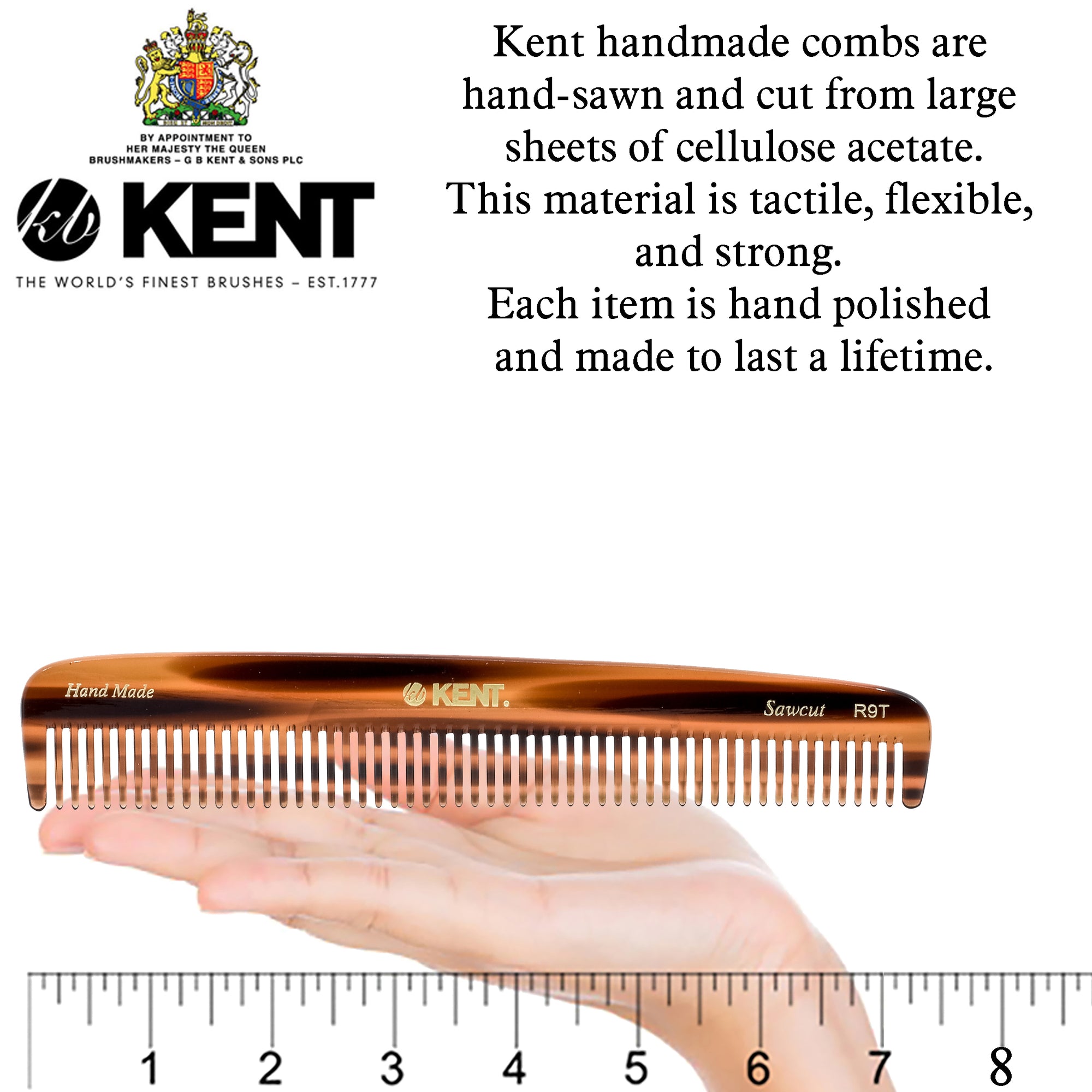 Kent R9T 7.5 Inch Handmade Wide Teeth Comb for Thick Curly Wavy Hair